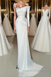 Charming Long Satin One-Shoulder Mermaid Evening Semi Formal Prom Dresses With Beading